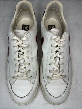 Veja Women’s V-12 White Leather Sneakers with Red Side V 12